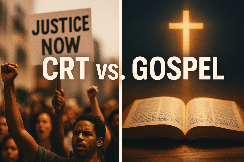 Split digital illustration showing a contrast between Critical Race Theory and the Gospel. On the left, protesters raise fists with a “Justice Now” sign, symbolizing cultural justice movements. On the right, an open glowing Bible shines under a radiant cross, symbolizing biblical justice and truth. Overlay text reads “CRT vs. Gospel.