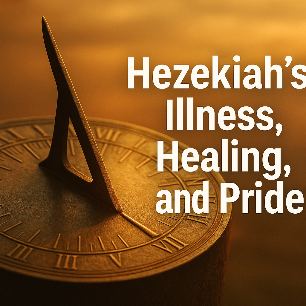 Sundial glowing in golden sunset light with bold text “Hezekiah’s Illness, Healing, and Pride,” symbolizing God’s miraculous sign and the lessons of 2 Kings 20.