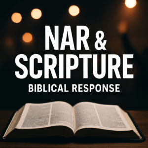 Open Bible in sharp focus with blurred stage lights in the background, overlaid with the words “NAR & Scripture – Biblical Response,” symbolizing the authority of Scripture over New Apostolic Reformation claims.