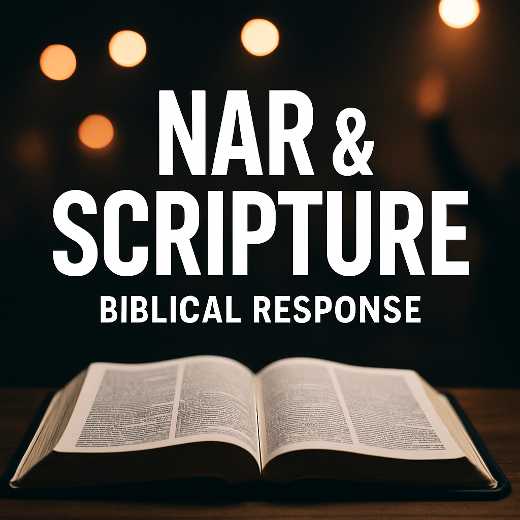 Open Bible in sharp focus with blurred stage lights in the background, overlaid with the words “NAR & Scripture – Biblical Response,” symbolizing the authority of Scripture over New Apostolic Reformation claims.