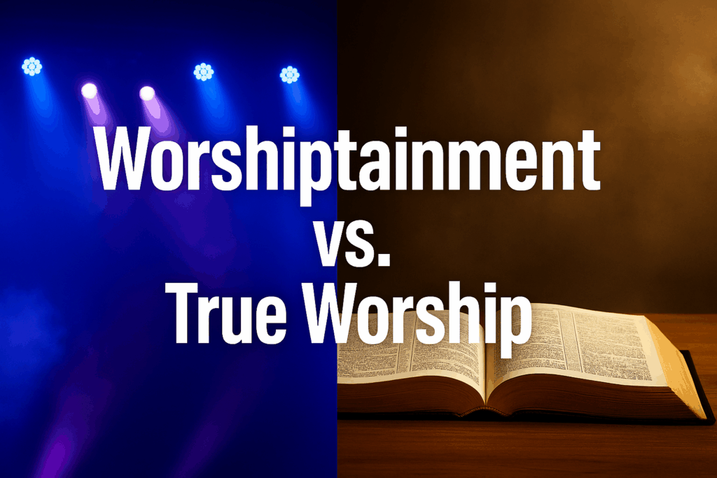 Stage lights contrasted with open Bible, symbolizing worshiptainment vs. true worship in Christ.
