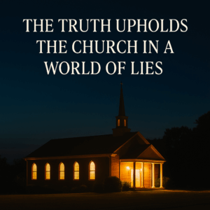 Church building glowing with warm light in darkness, symbolizing the church upheld by truth and shining as light to the world.