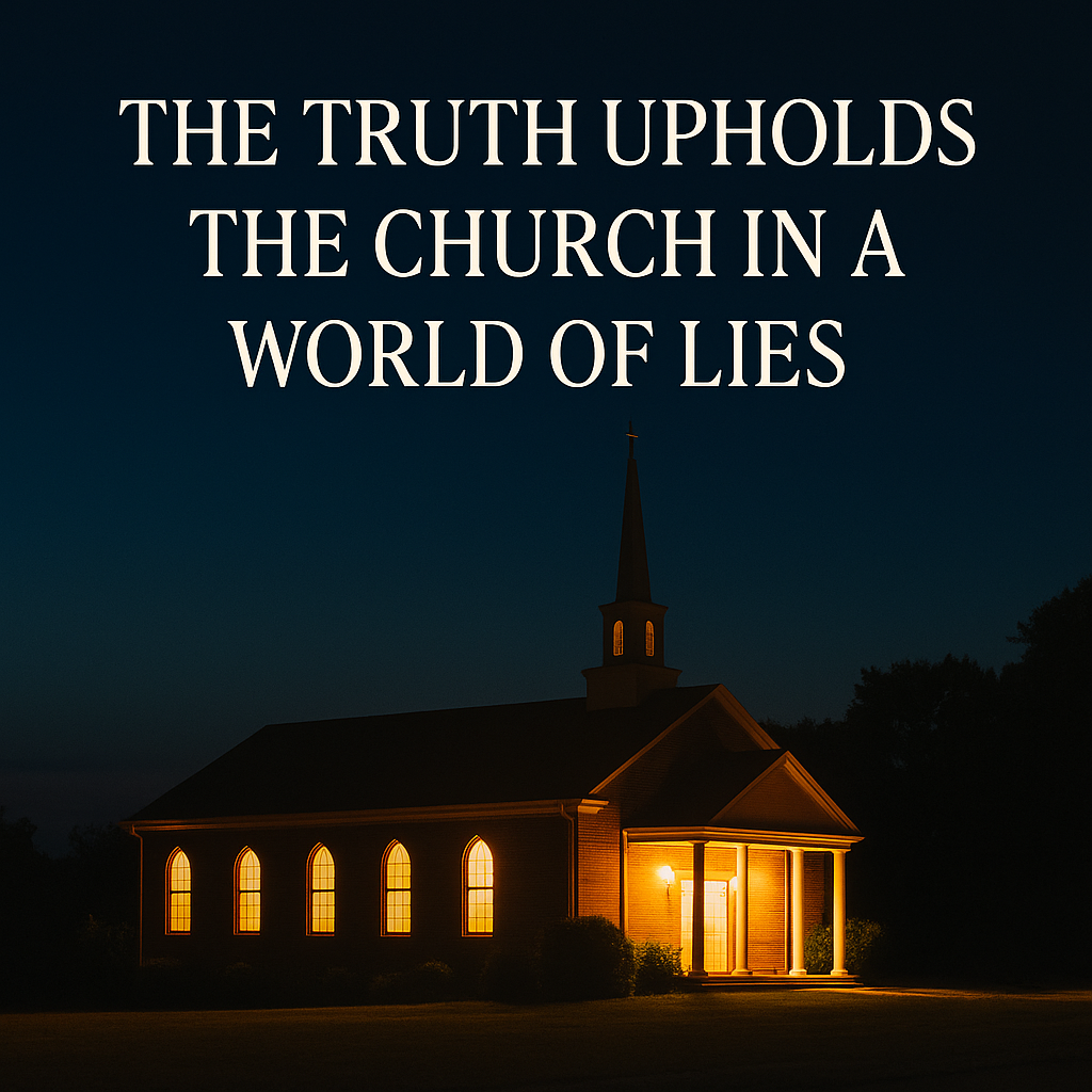 Church building glowing with warm light in darkness, symbolizing the church upheld by truth and shining as light to the world.