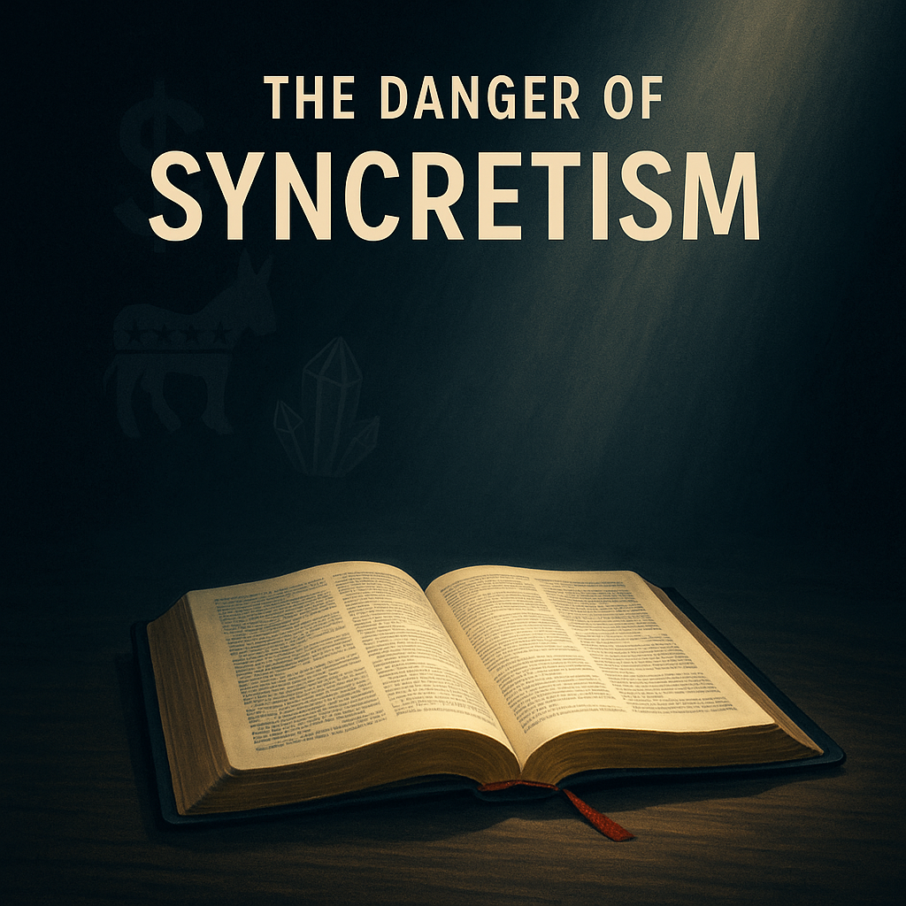 Open Bible illuminated by light with shadows of money, politics, and crystals in the background, symbolizing the danger of syncretism in the church.