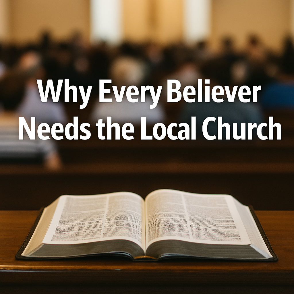 Open Bible on a pew with a blurred congregation in the background, overlaid with the title “Why Every Believer Needs the Local Church,” symbolizing the central role of Scripture in the life of God’s people.