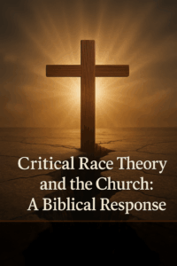 Wooden cross standing in a cracked, dry landscape with golden light shining behind it, overlaid with the title text “Critical Race Theory and the Church: A Biblical Response.