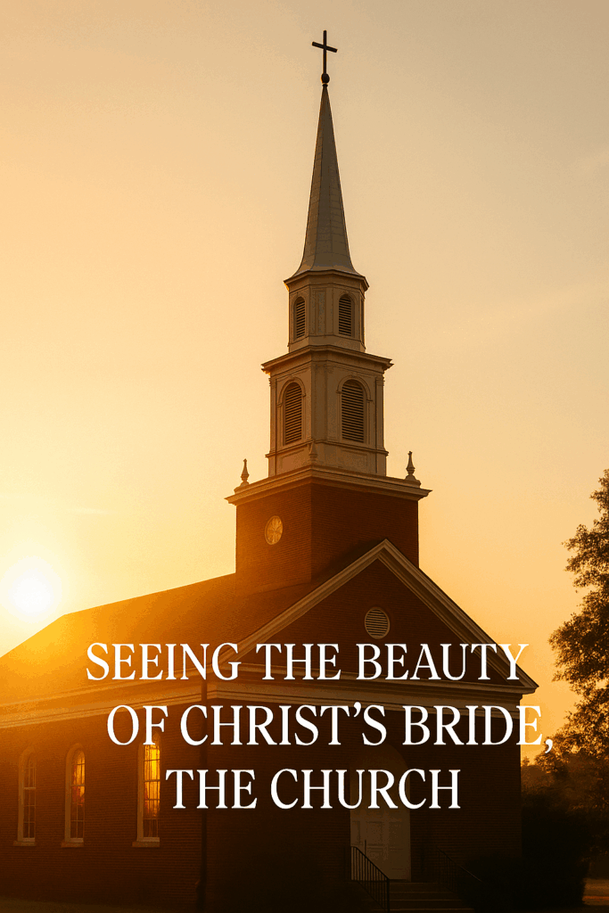 Sunlit church steeple glowing at sunrise, symbolizing the beauty of Christ’s bride, the church, made radiant by His cross and righteousness.