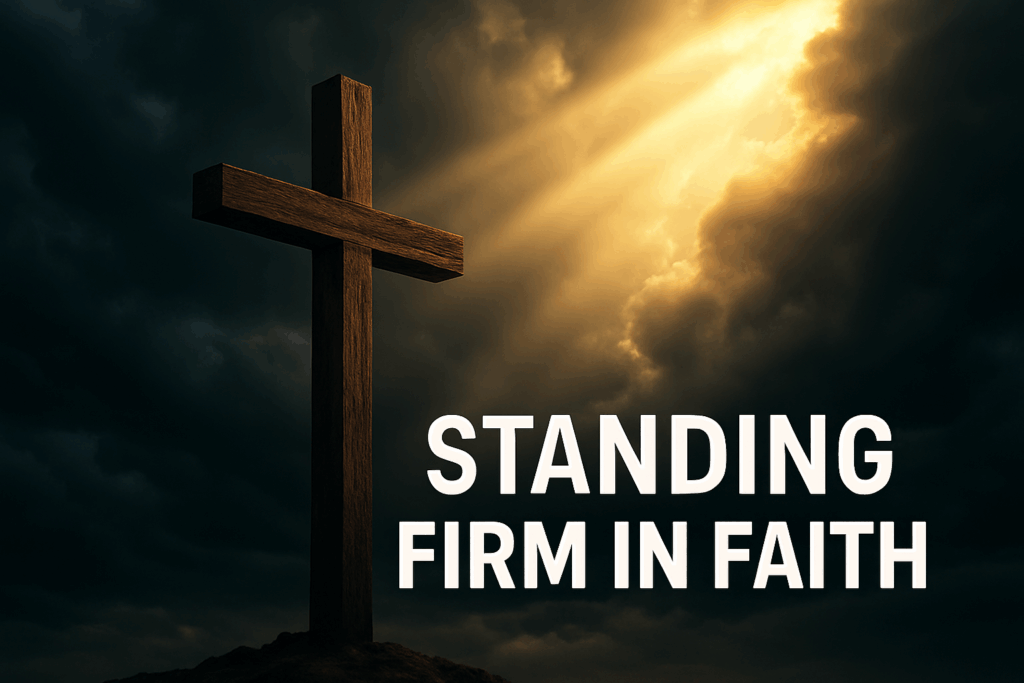 A rugged wooden cross standing tall against dark storm clouds with golden rays of light breaking through the sky, symbolizing Christian faithfulness and hope under persecution.