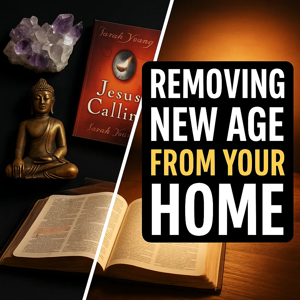 Book cover of Removing New Age from Your Home by Doreen Virtue displayed with bold title text ‘Removing New Age from Your Home: A Biblical Path to Freedom w/ Doreen Virtue,’ designed for a Christian YouTube episode thumbnail.
