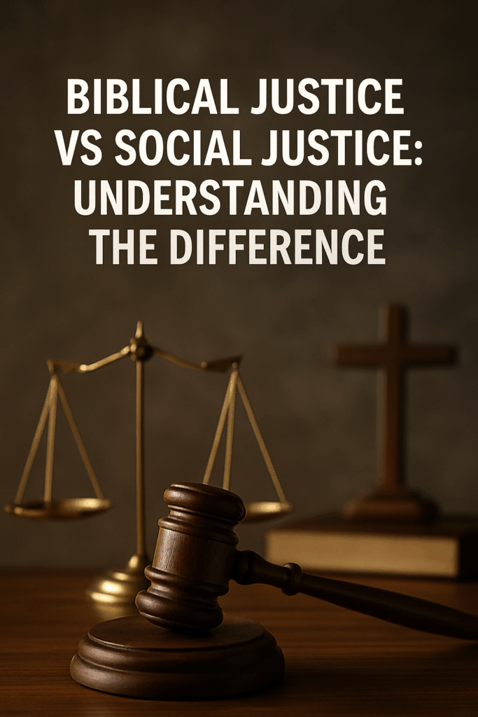 A wooden gavel, balanced brass scales of justice, and a wooden cross in the background on a desk, with the text ‘Biblical Justice vs Social Justice: Understanding the Difference’ displayed above.”
