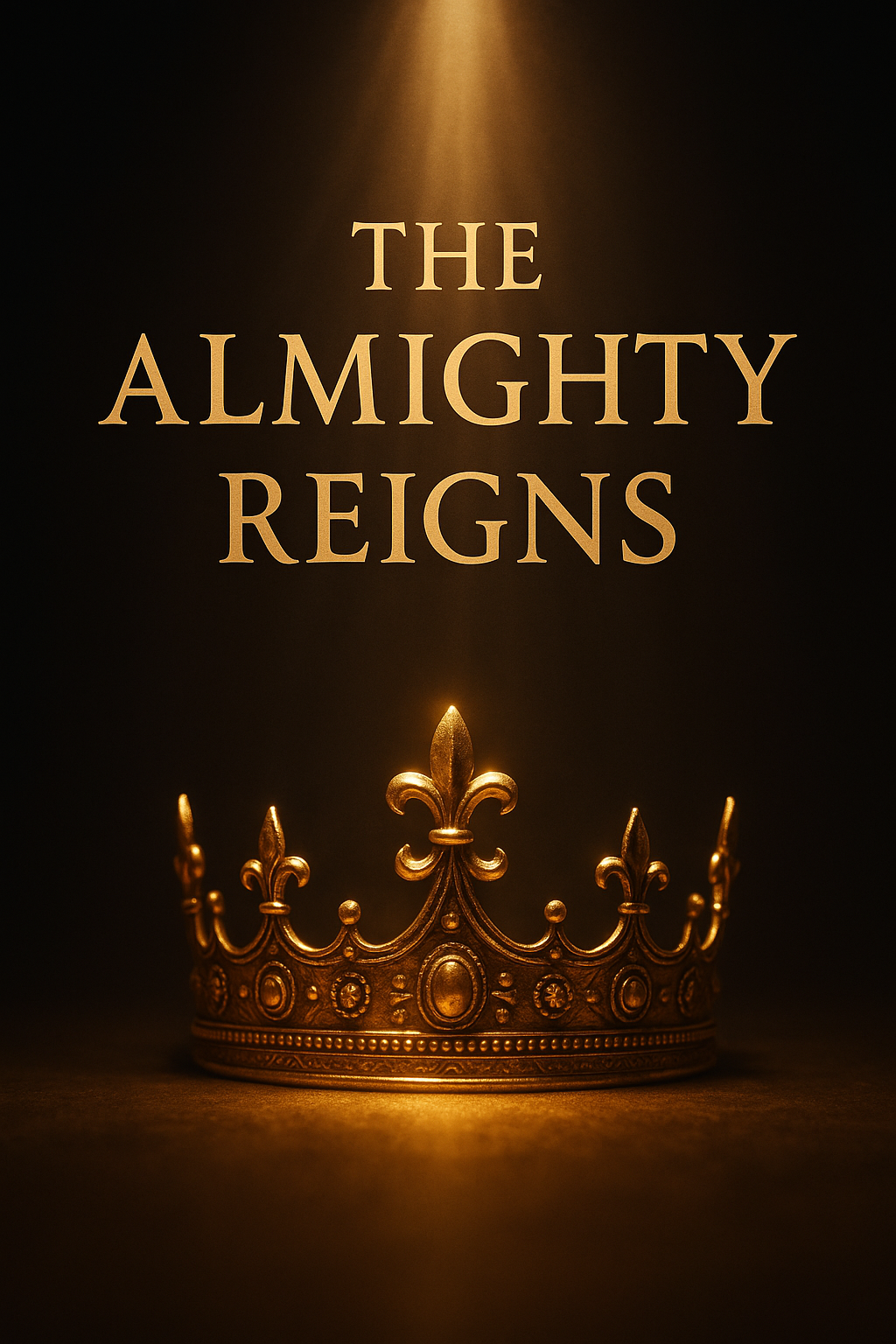 Golden crown glowing under radiant light against a dark background with text “The Almighty Reigns,” symbolizing God’s sovereign rule and majesty.