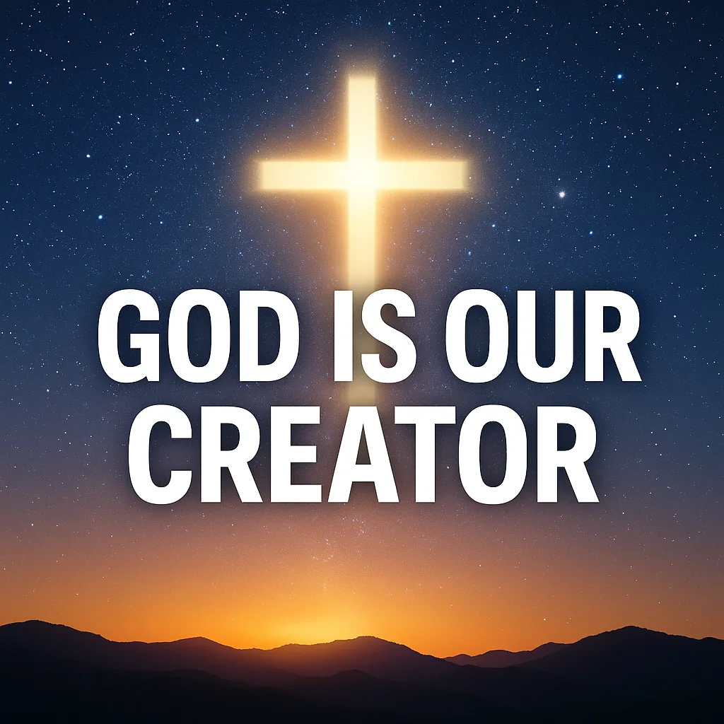 Starlit sky with a glowing cross and sunrise over mountains, symbolizing God as Creator in Genesis 1:1, with overlay text ‘God Is Our Creator.’