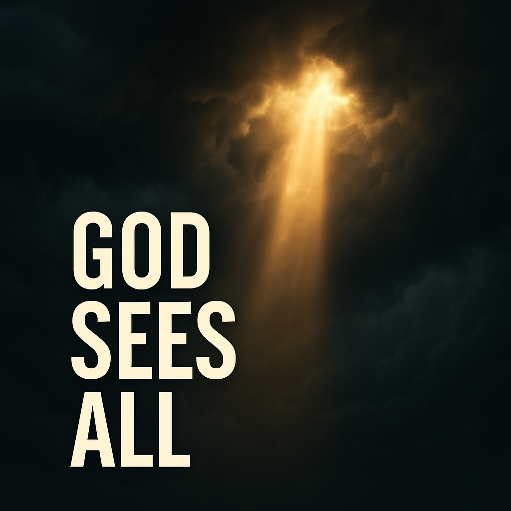Golden beam of light breaking through dark storm clouds with the words “God Sees All,” symbolizing God’s omniscience and comforting presence.