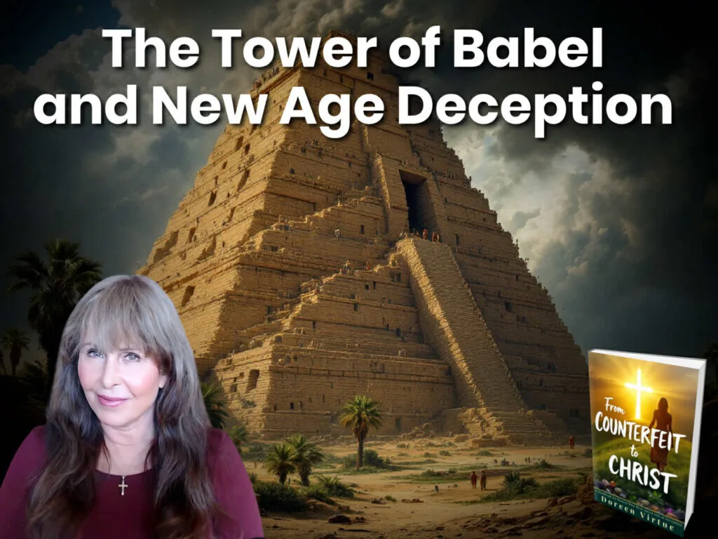 llustration of a massive ziggurat-like Tower of Babel under stormy skies, symbolizing human pride. In the foreground is Doreen Virtue, wearing a cross necklace, and the cover of her book From Counterfeit to Christ. Title text reads: 'The Tower of Babel and New Age Deception.