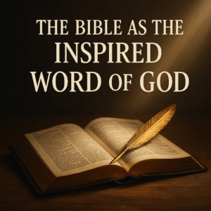 An open Bible with a golden quill under light, symbolizing inspired human authorship.