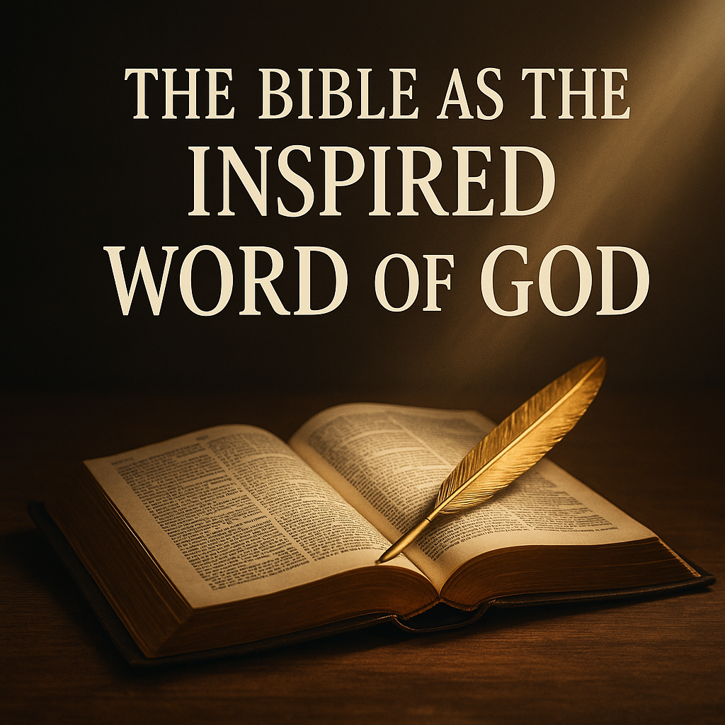 An open Bible with a golden quill under light, symbolizing inspired human authorship.
