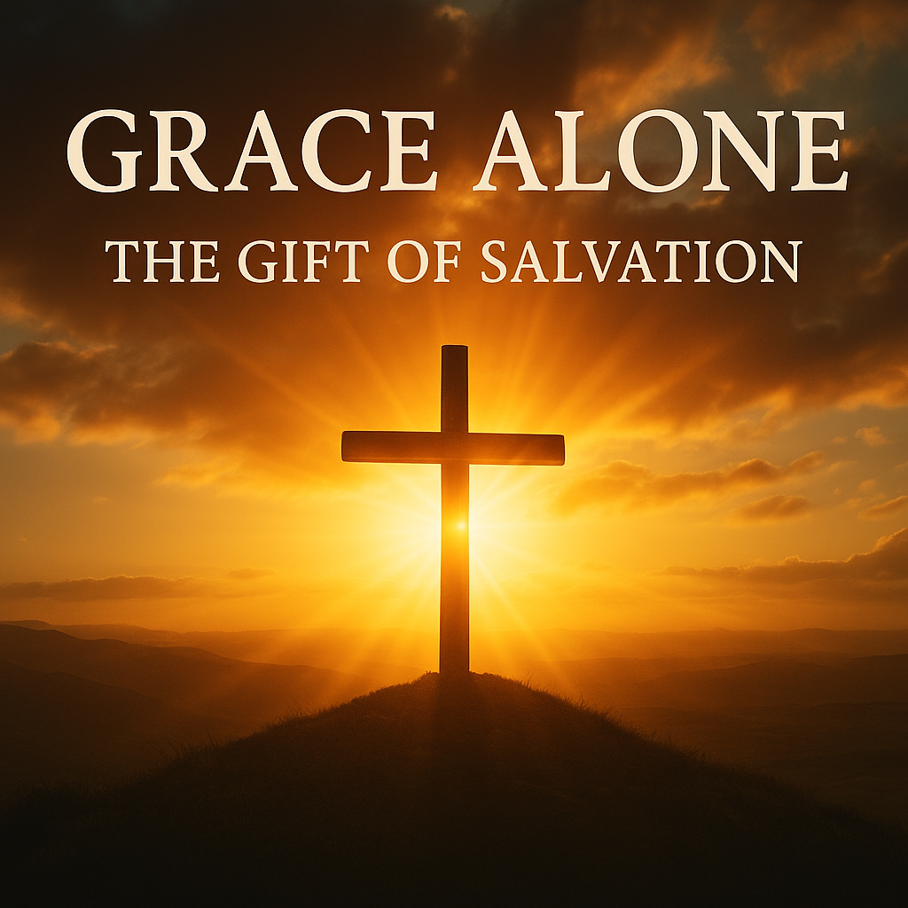 A cross glowing at sunrise, symbolizing God’s grace breaking through darkness and giving salvation as a free gift.