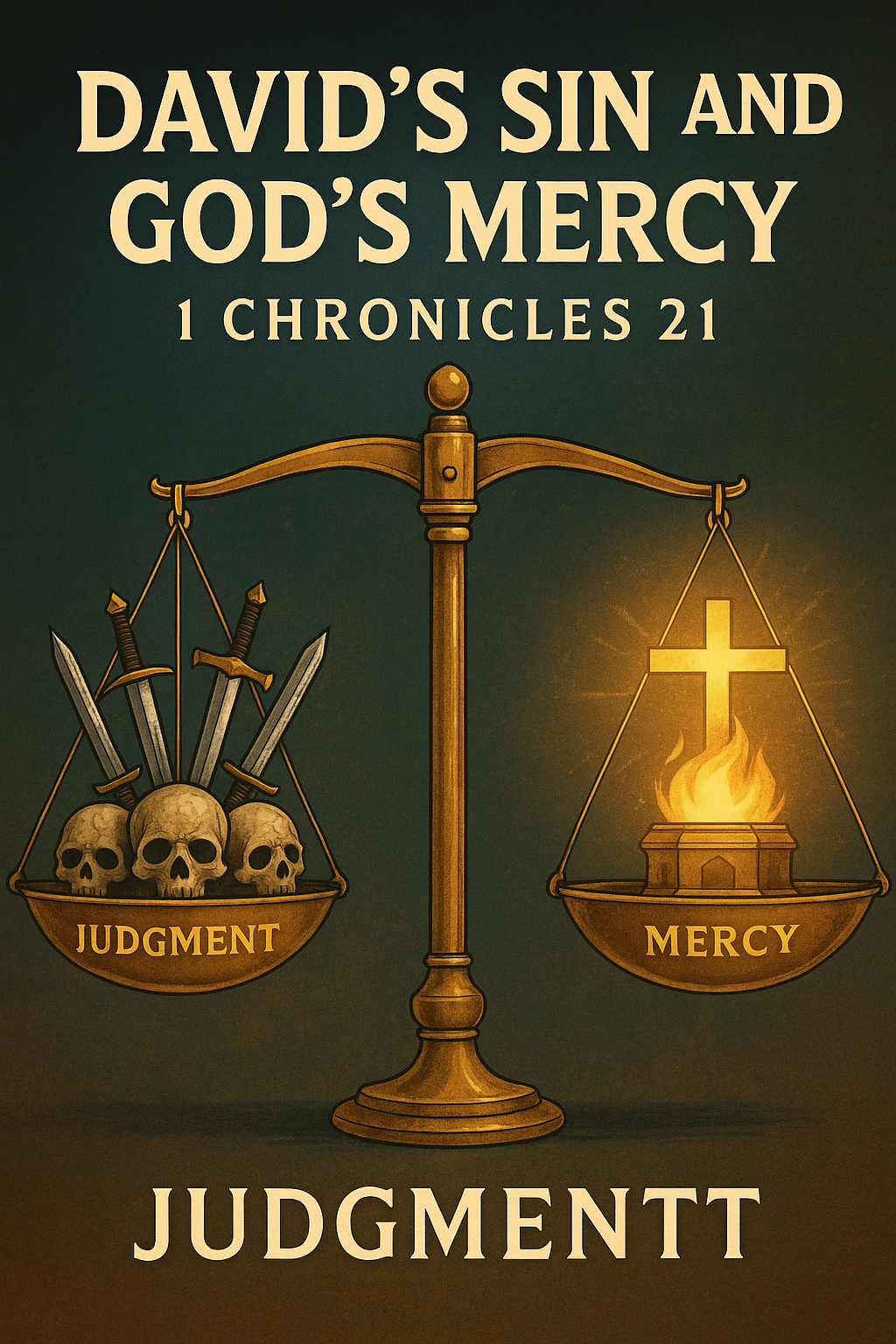 Golden scales balancing judgment and mercy, symbolizing God’s justice and atonement.