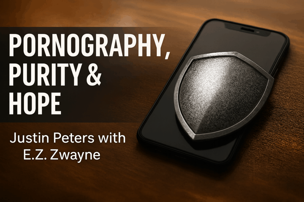 Pornography, Purity, and Hope: Justin Peters & E.Z. Zwayne 1 Shield covering a smartphone on a wooden desk, symbolizing guarding the heart and mind with hope and purity in Christ.
