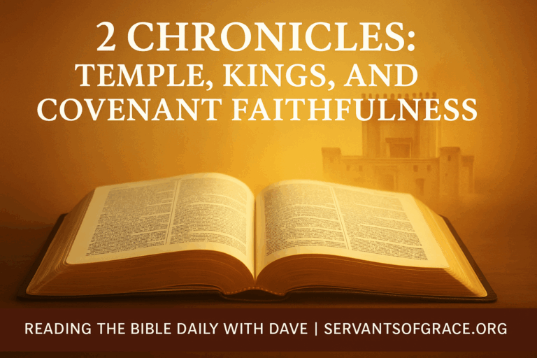 An open Bible glowing with golden light and a faint temple silhouette behind it, symbolizing God’s covenant faithfulness in 2 Chronicles.