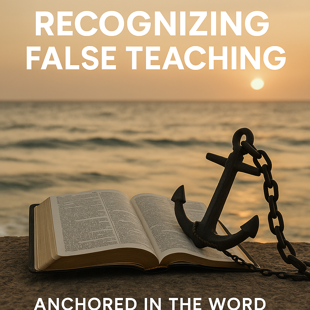 An open Bible resting beside calm ocean waves under morning light, representing discernment and being anchored in truth amid false teaching.