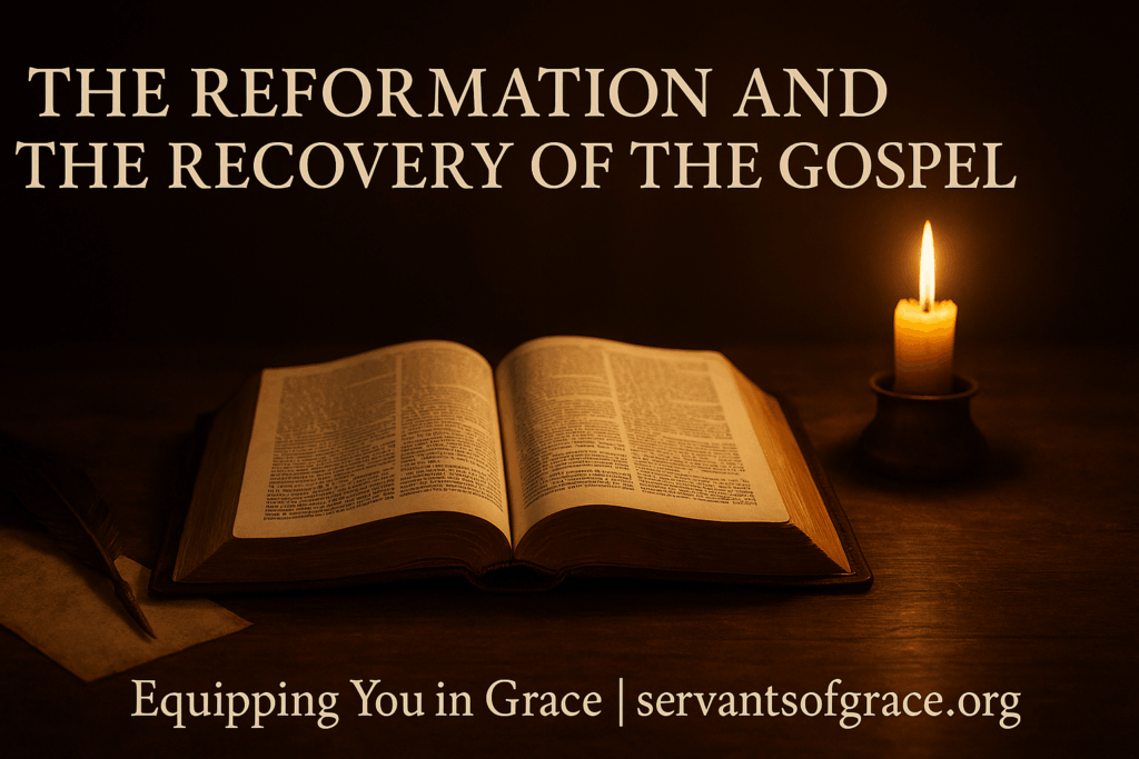 An open Bible on a wooden table lit by candlelight, symbolizing the rediscovery of the gospel during the Reformation.