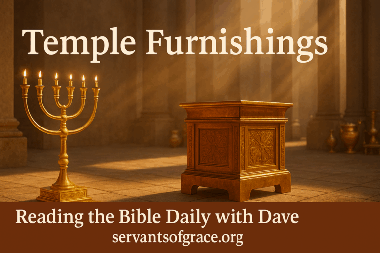 Golden lampstand and bronze altar in Solomon’s temple courtyard under sunlight, symbolizing God’s holiness, light, and cleansing.
