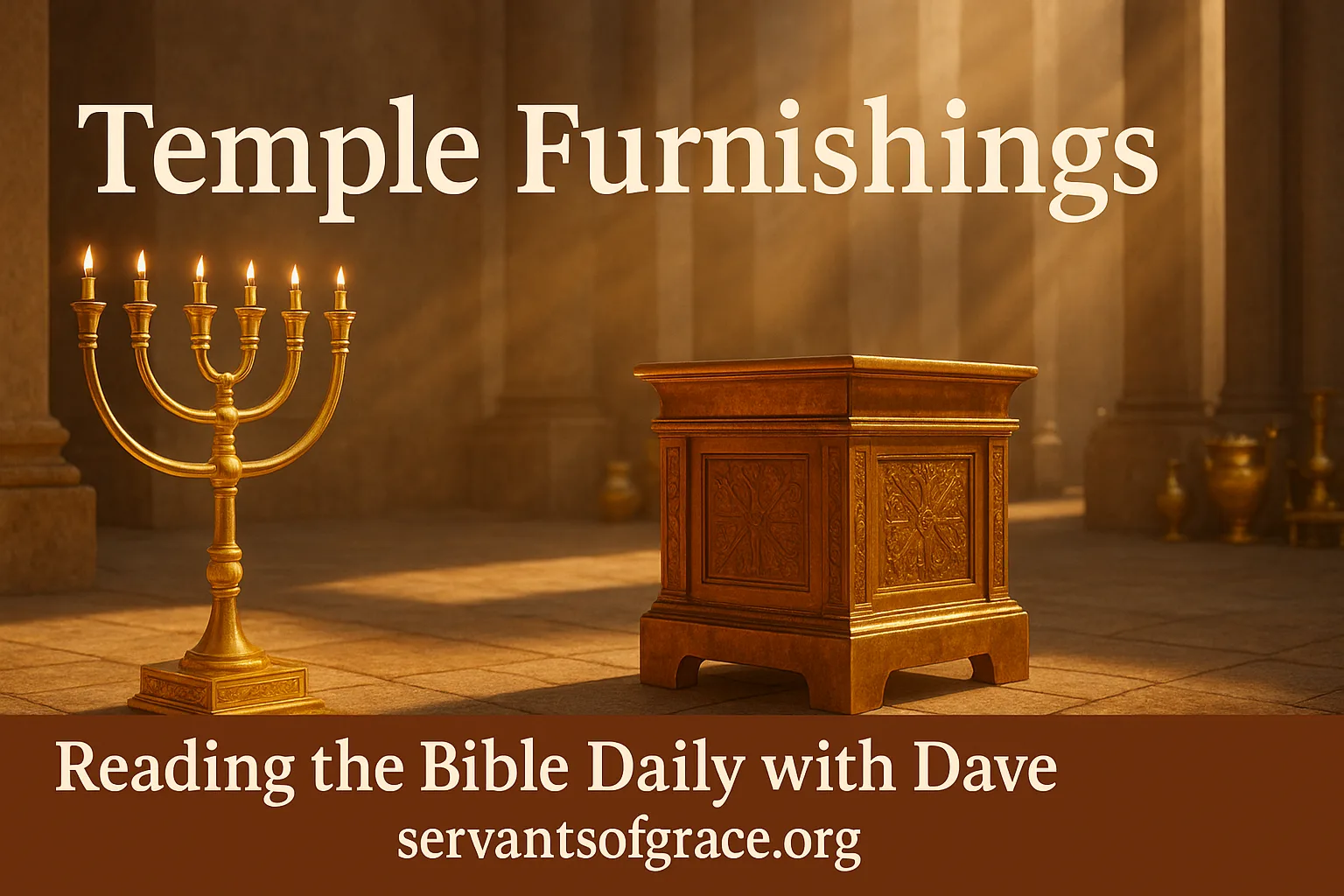 Golden lampstand and bronze altar in Solomon’s temple courtyard under sunlight, symbolizing God’s holiness, light, and cleansing.