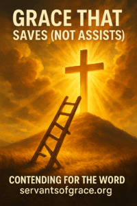 A broken wooden ladder leaning toward a glowing cross under golden light, symbolizing God’s saving grace that raises the dead rather than helping human effort.