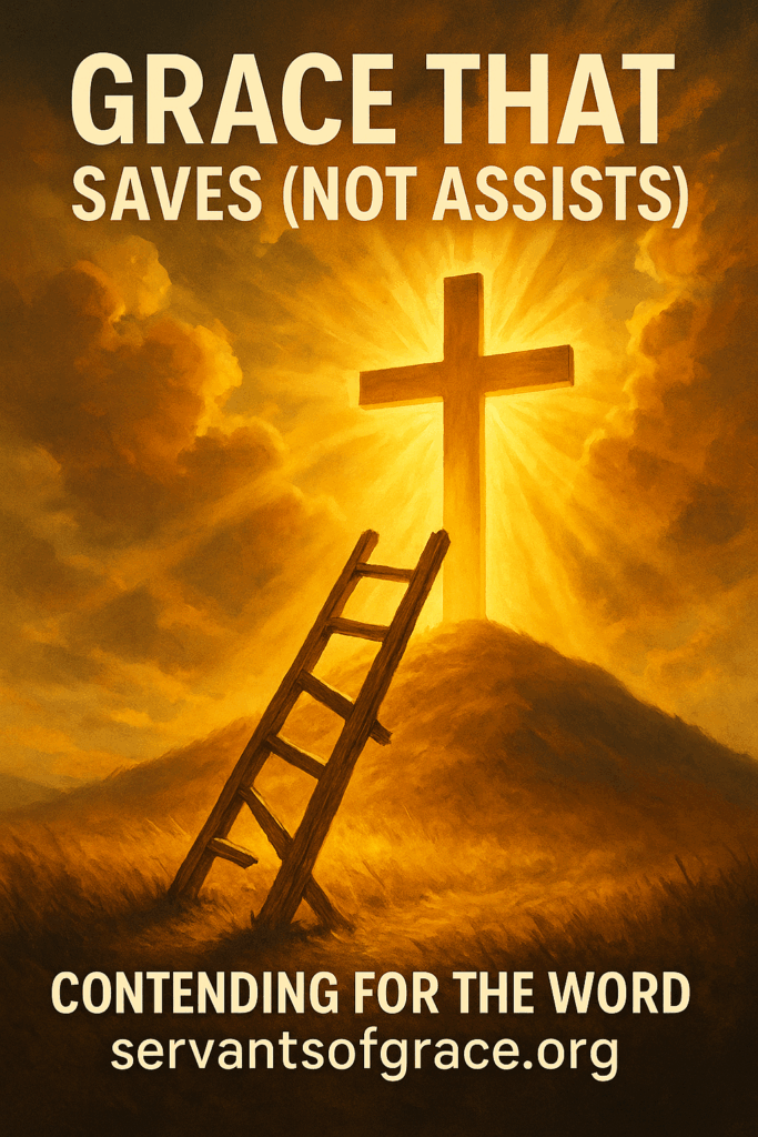 A broken wooden ladder leaning toward a glowing cross under golden light, symbolizing God’s saving grace that raises the dead rather than helping human effort.