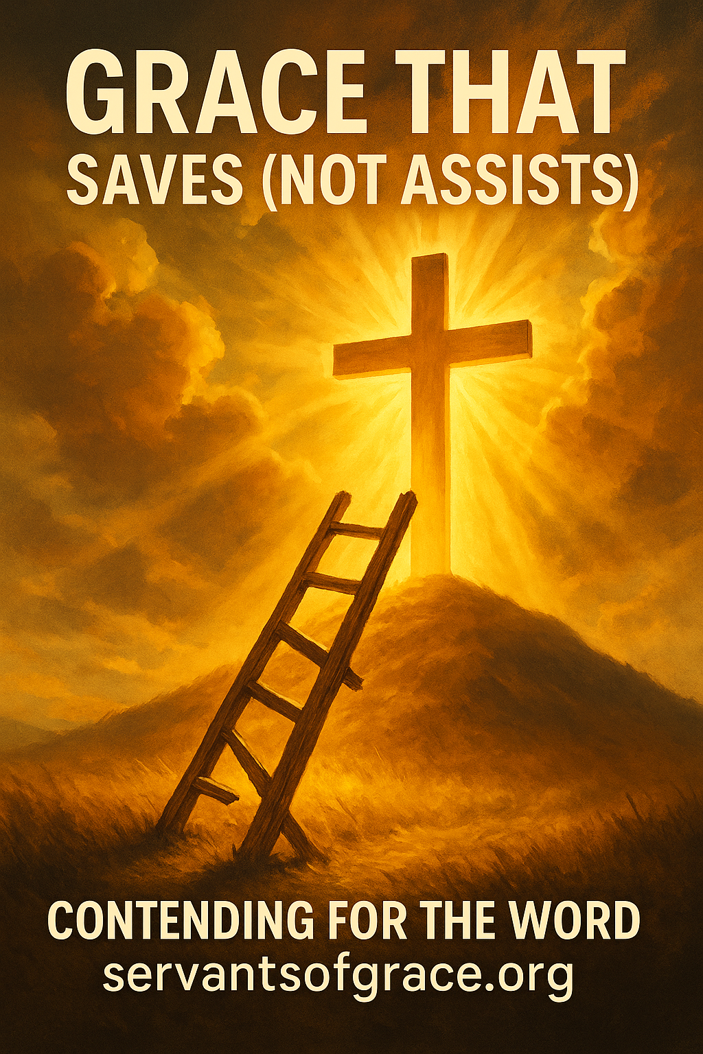A broken wooden ladder leaning toward a glowing cross under golden light, symbolizing God’s saving grace that raises the dead rather than helping human effort.