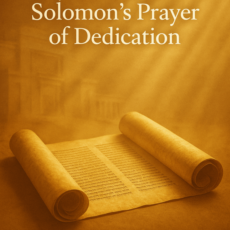 Open scroll with golden light and faint temple outlines, symbolizing Scripture, prayer, and dedication.