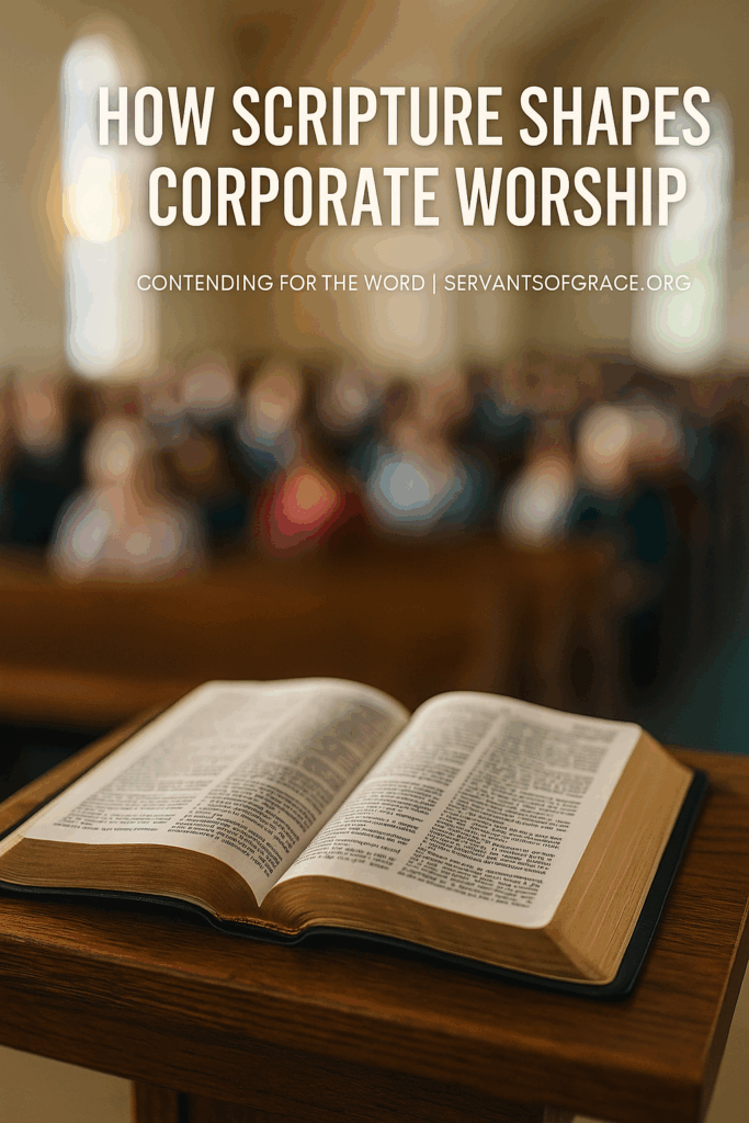 Open Bible on a pulpit with a microphone, representing the public reading and preaching of Scripture in corporate worship.
