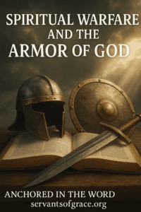 A set of Roman armor resting on an open Bible with heavenly light streaming through clouds, symbolizing the believer’s strength in God’s armor through Christ.