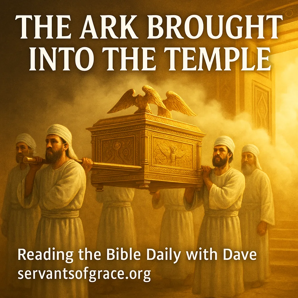 Priests carrying the ark of the covenant into Solomon’s temple as golden light and a cloud of God’s glory fill the house, symbolizing His presence among His people.
