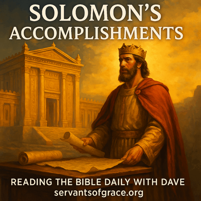 Solomon before the temple surrounded by light, symbolizing wisdom, order, and godly leadership guided by Scripture.