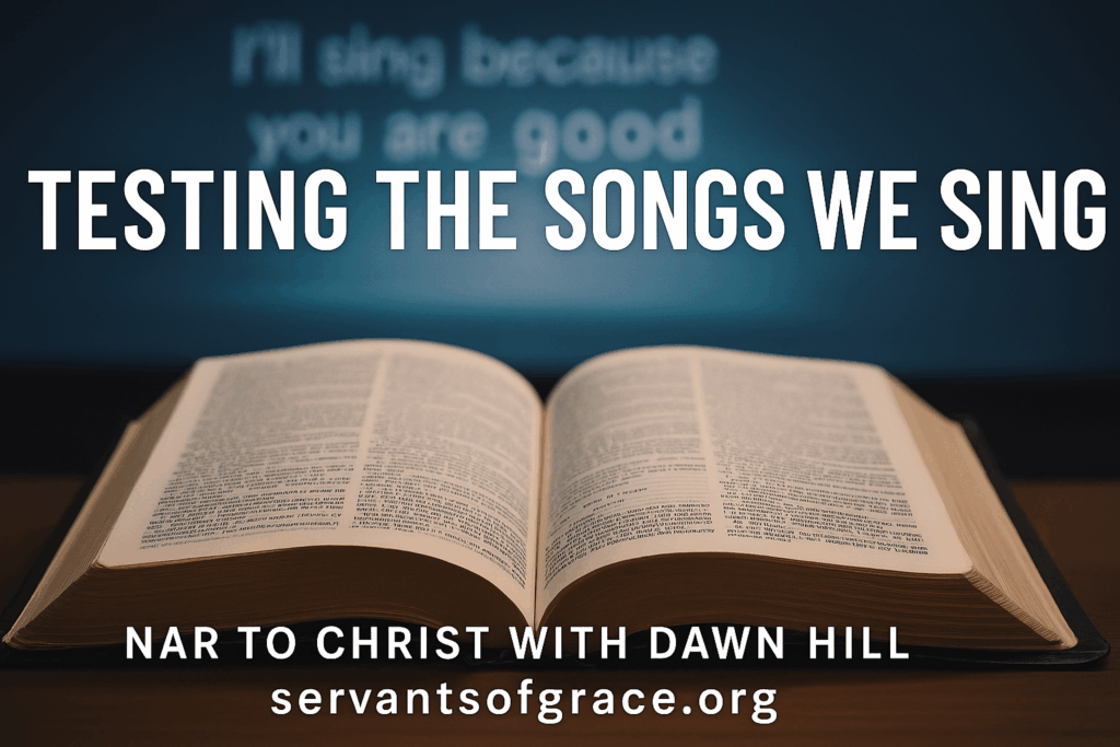 Open Bible in focus with blurred worship lyrics in background, symbolizing testing worship by Scripture.