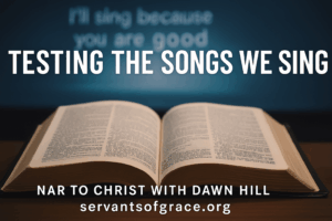 Open Bible in focus with blurred worship lyrics in background, symbolizing testing worship by Scripture.