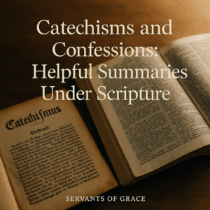 Open Bible and aged catechism manuscript under warm light, symbolizing Scripture as the foundation for historic confessions and catechisms