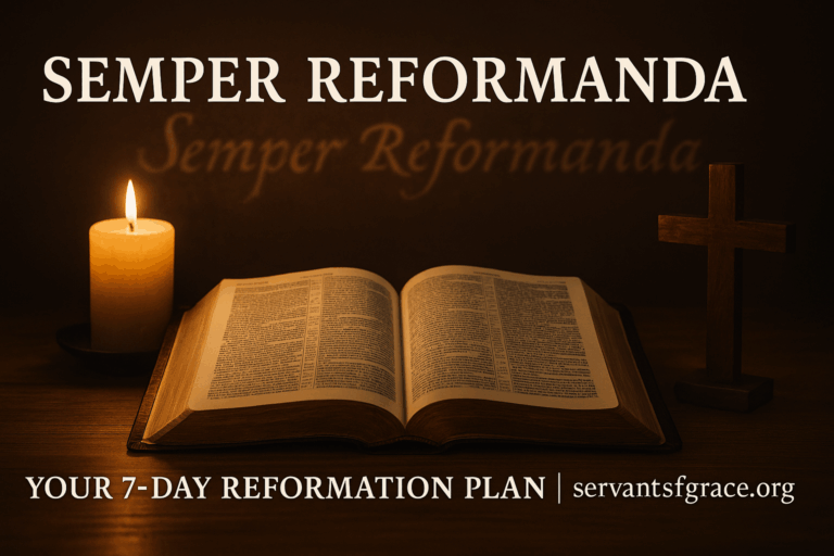 Open Bible with candle and cross on a wooden table, symbolizing returning to the Word through continual reformation.