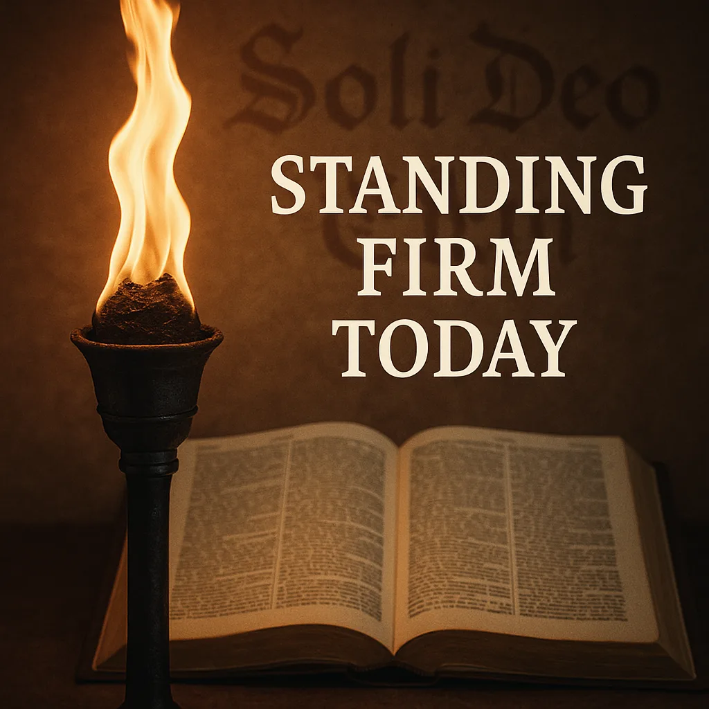 A lit torch before an open Bible symbolizing the enduring flame of Reformation truth and courage.