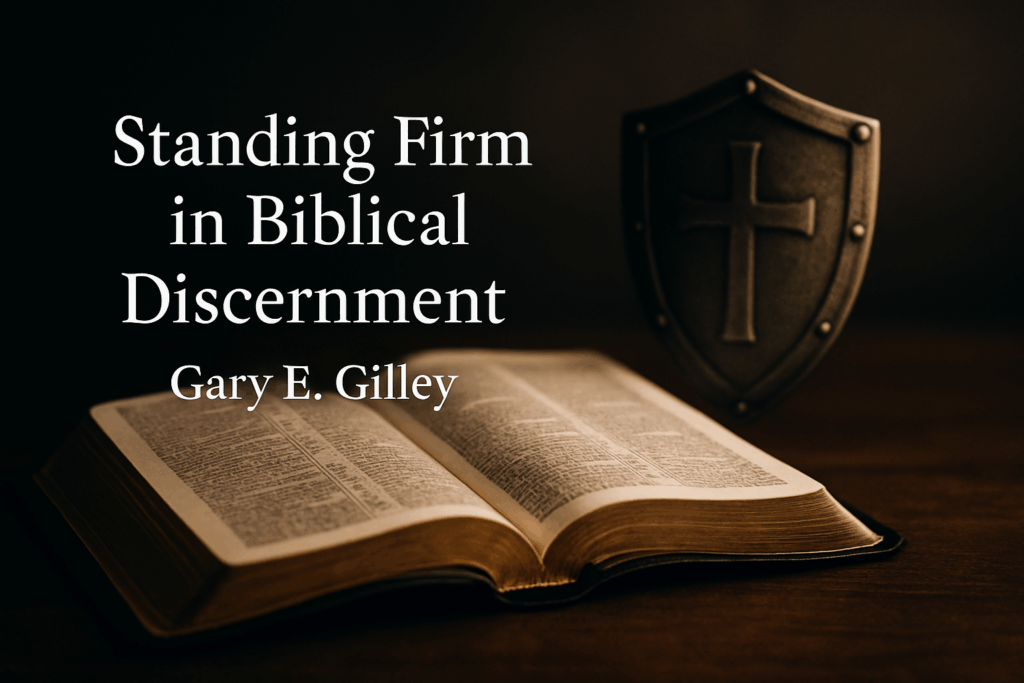 Standing Firm in Biblical Discernment – Gary E. Gilley 1 Open Bible on a wooden table with a blurred metal shield bearing a cross in the background, with the title Standing Firm in Biblical Discernment – Gary E. Gilley displayed over the image.