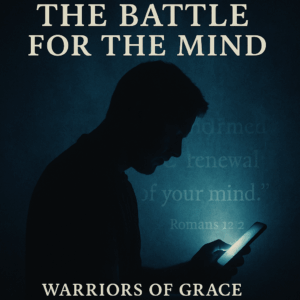 Man’s silhouette before a glowing phone with Scripture light symbolizing the renewal of the mind through Christ.