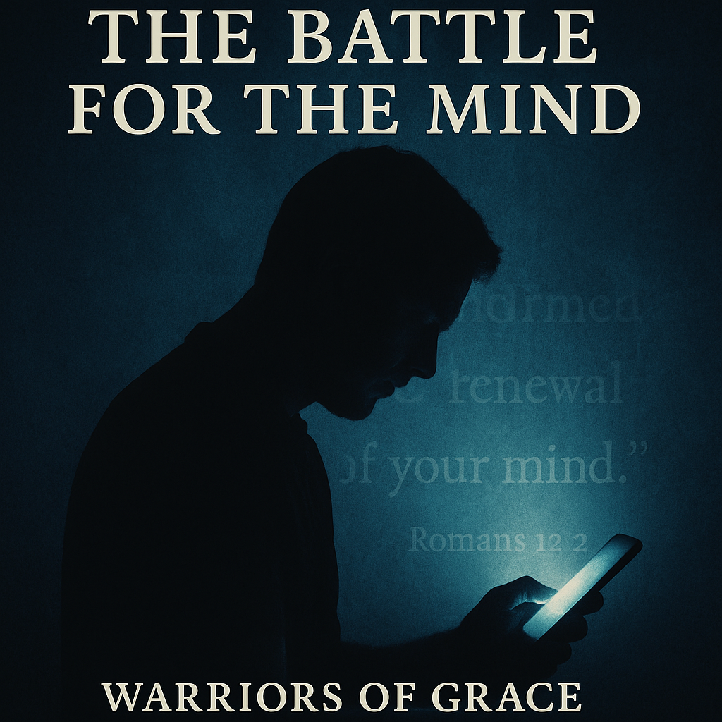Man’s silhouette before a glowing phone with Scripture light symbolizing the renewal of the mind through Christ.