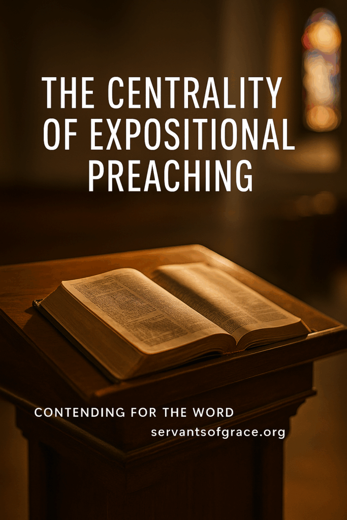 An open Bible on a wooden pulpit illuminated by warm sunlight through stained glass, symbolizing the authority and centrality of Scripture in expositional preaching.
