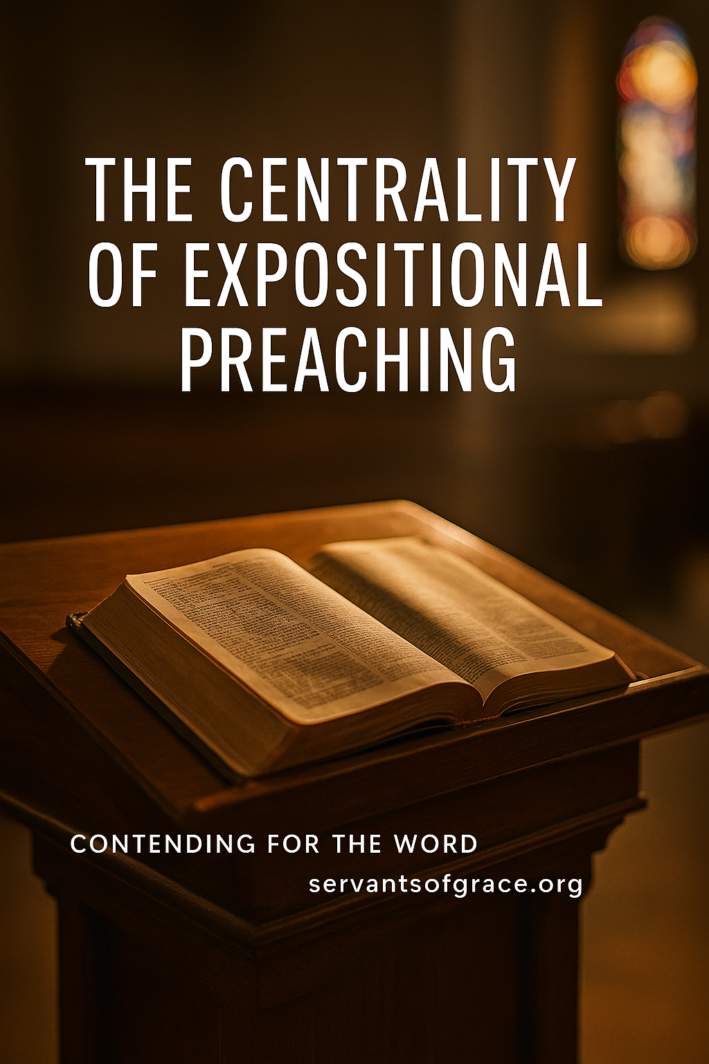 An open Bible on a wooden pulpit illuminated by warm sunlight through stained glass, symbolizing the authority and centrality of Scripture in expositional preaching.