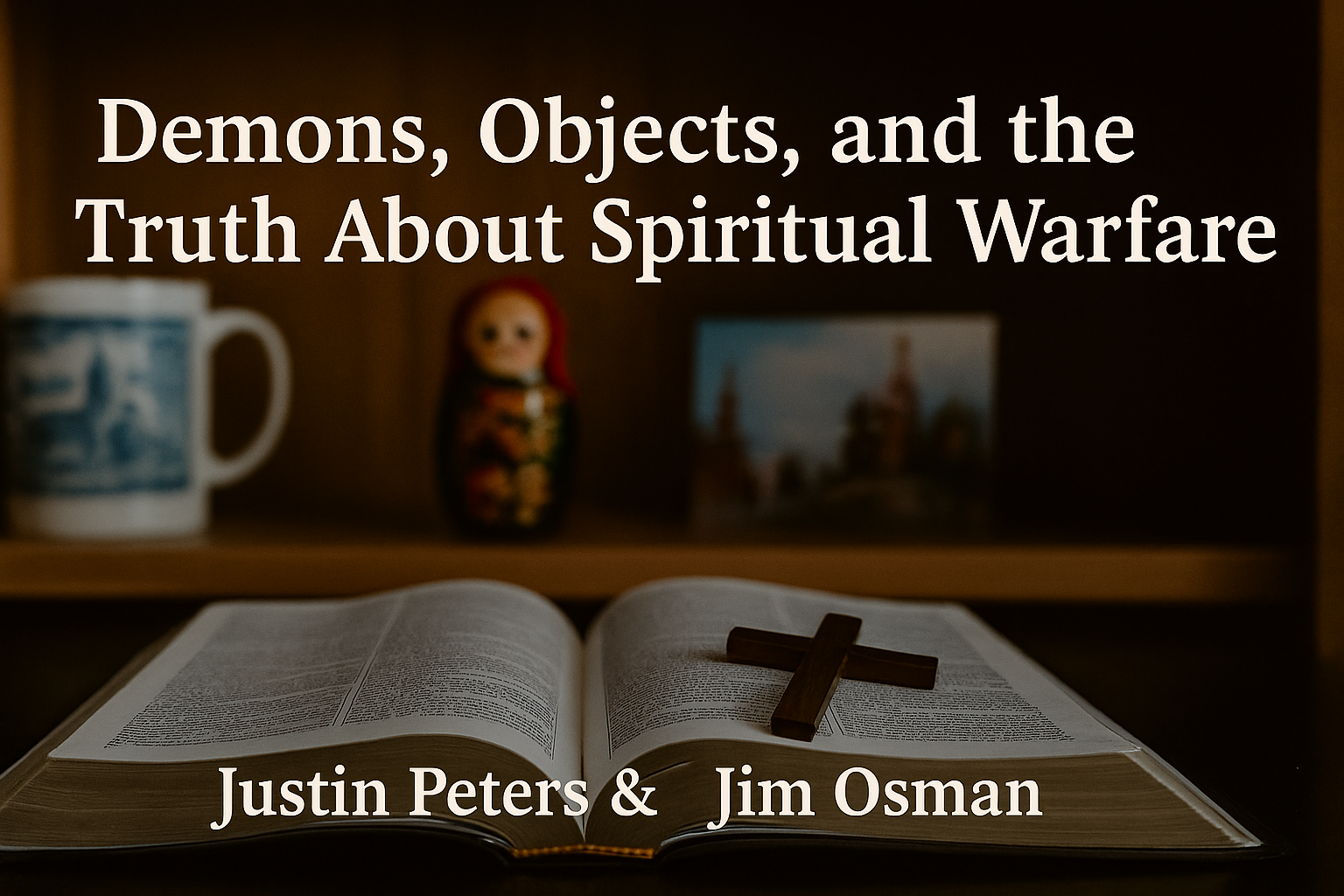 An open Bible lies on a wooden table with a wooden cross resting on its pages. In the background, a softly blurred bookshelf displays a ceramic mug, a Matryoshka doll, and a photo of St. Basil’s Cathedral. Text reads, ‘Demons, Objects, and the Truth About Spiritual Warfare’ with ‘Justin Peters & Jim Osman’ beneath. Warm, reverent lighting conveys a contemplative tone.