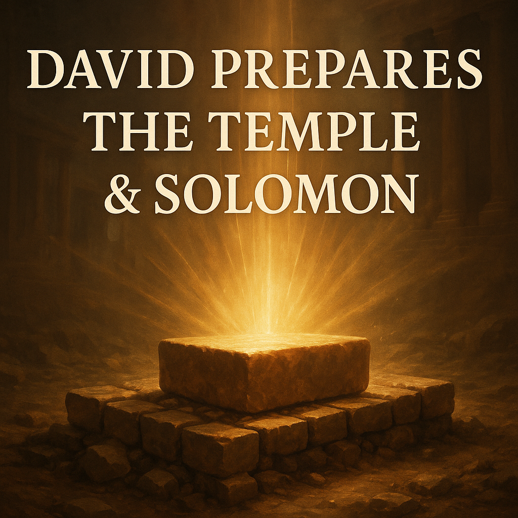 Glowing foundation stones being laid with radiant light, symbolizing David’s preparation for the temple and Solomon’s calling to build.