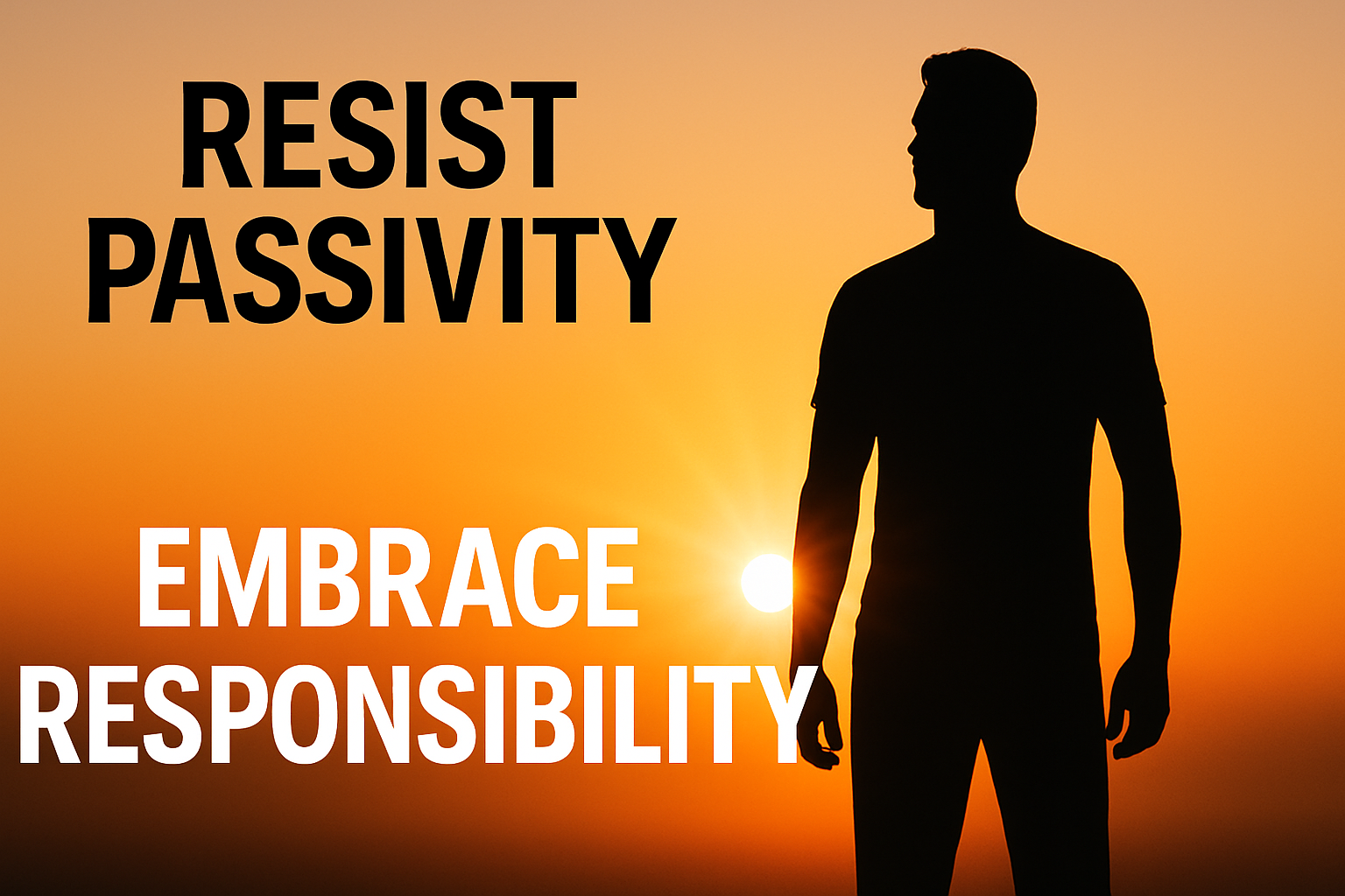 Silhouette of a man standing strong at sunrise, symbolizing rejecting passivity and embracing biblical responsibility.