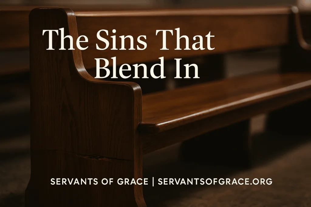 A polished wooden church pew in warm light with a faint crack beneath, symbolizing hidden sin beneath outward holiness. Text reads “The Sins That Blend In” and “Servants of Grace | servantsofgrace.org.